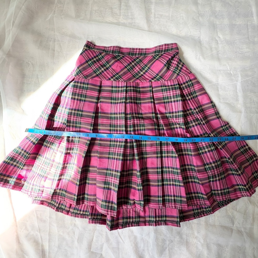 Pink Plaid Pleated Mini Skirt Tartan Side Zip Elastic Back Size 13/14 - Picture 6 of 7